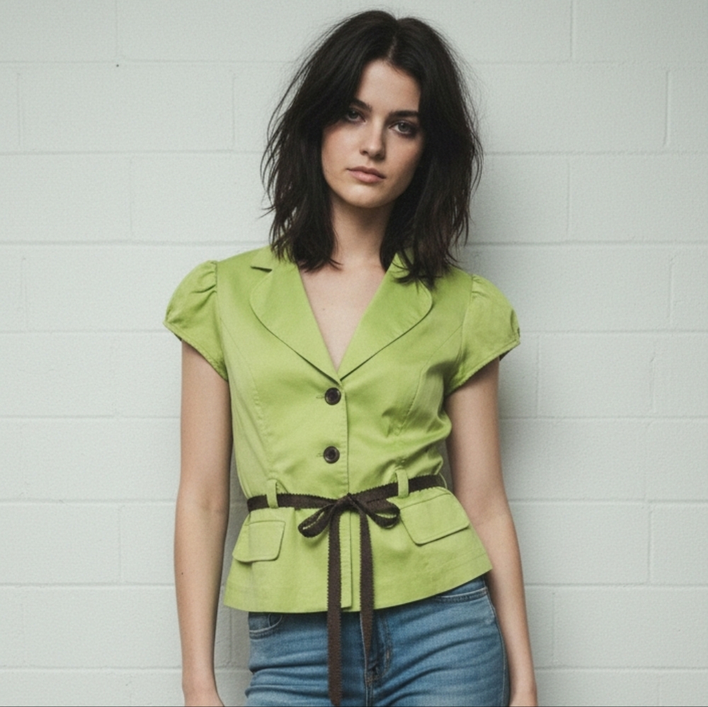 Studio 1 Green Brown Pinup Blouse Retro Button Belted 8